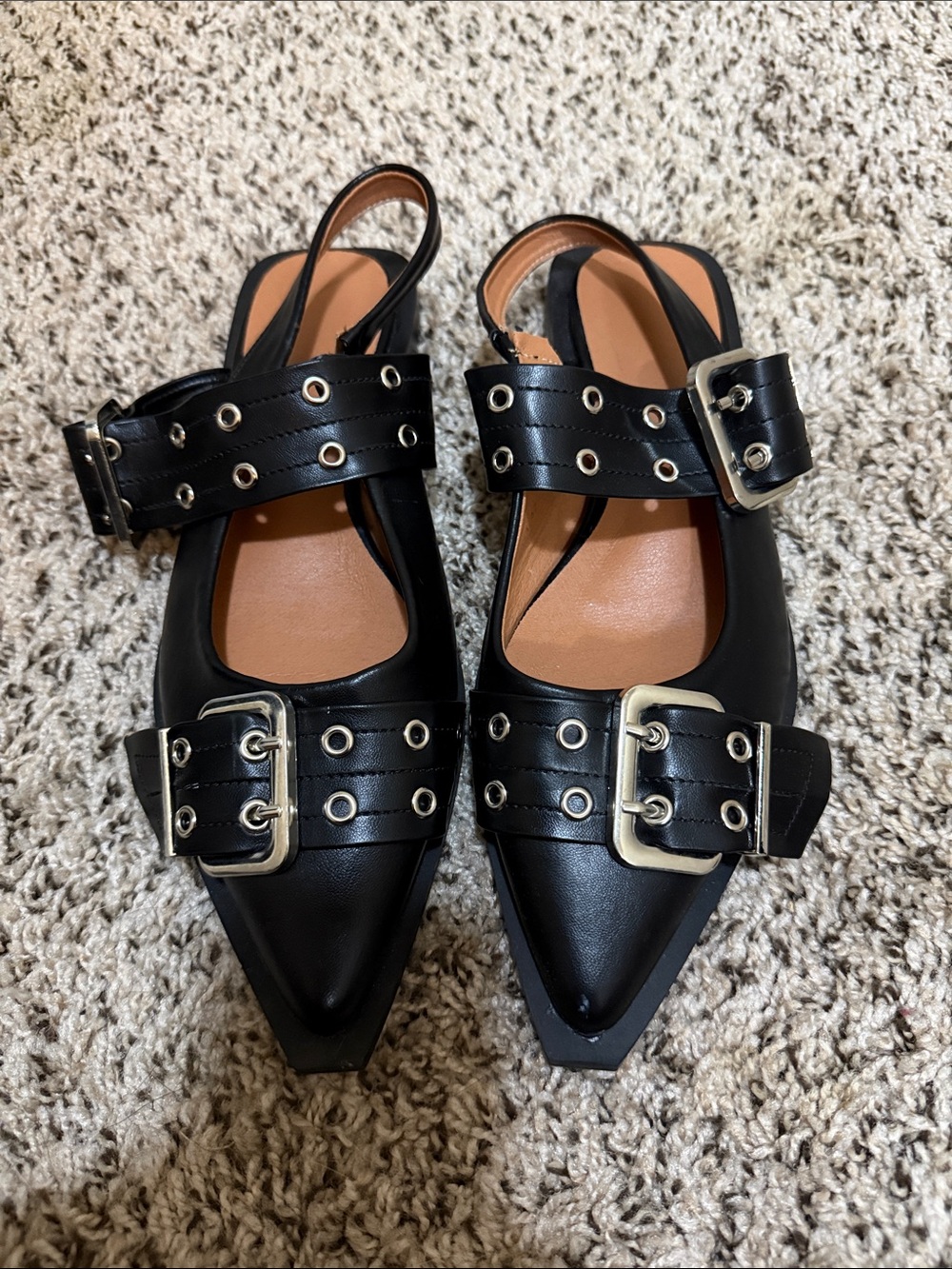 Black Pointed Leather Slingback Flats with Grommet Straps